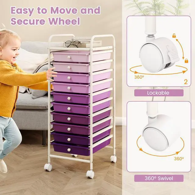 Alt view image 5 of 7 - 10 Drawer Rolling Cart - Slim Storage Cart w/Lockable Wheels for Classroom School Teacher Office, Art Supplies Paper Scrapbook Craft Organizers, Utility Cart with Drawers (Gradient Purple)