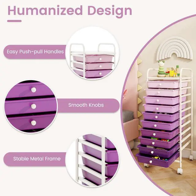 Alt view image 6 of 7 - 10 Drawer Rolling Cart - Slim Storage Cart w/Lockable Wheels for Classroom School Teacher Office, Art Supplies Paper Scrapbook Craft Organizers, Utility Cart with Drawers (Gradient Purple)