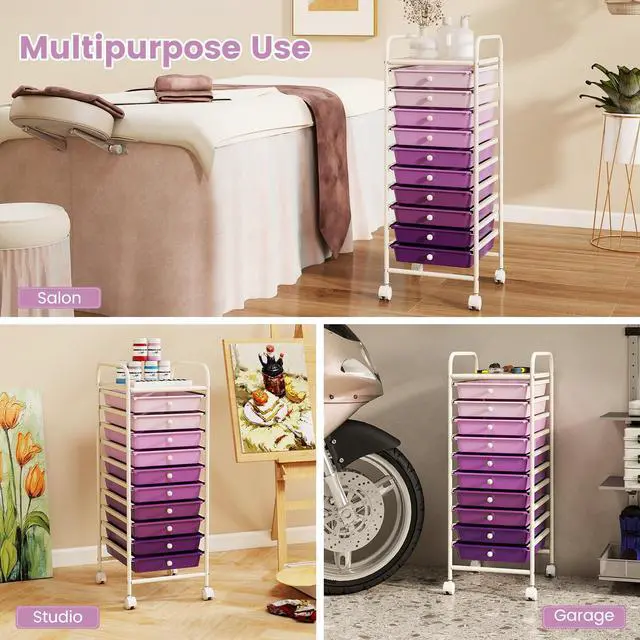 Alt view image 7 of 7 - 10 Drawer Rolling Cart - Slim Storage Cart w/Lockable Wheels for Classroom School Teacher Office, Art Supplies Paper Scrapbook Craft Organizers, Utility Cart with Drawers (Gradient Purple)