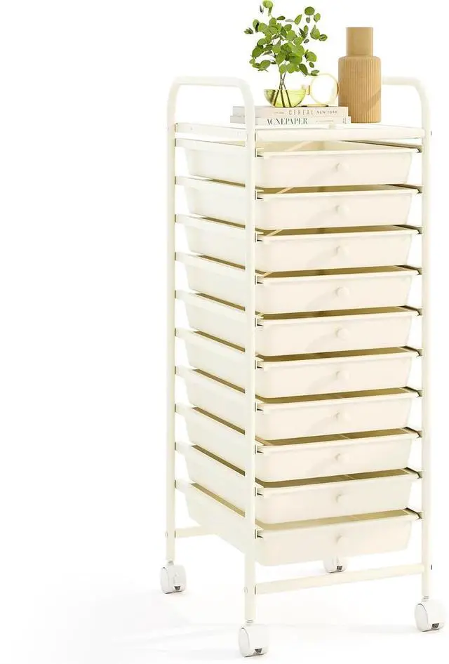 Main image of 10 Drawer Rolling Cart - Slim Storage Cart w/Lockable Wheels | 34"H White Metal Frame, Lockable Rolling Wheels; Classroom School Office Art Craft Scrapbook Supply Storage