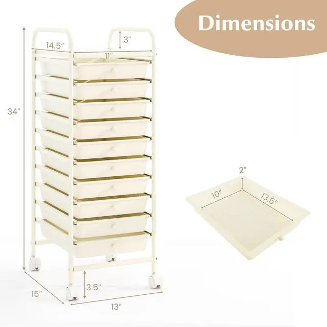 Alt view image 3 of 7 - 10 Drawer Rolling Cart - Slim Storage Cart w/Lockable Wheels | 34"H White Metal Frame, Lockable Rolling Wheels; Classroom School Office Art Craft Scrapbook Supply Storage