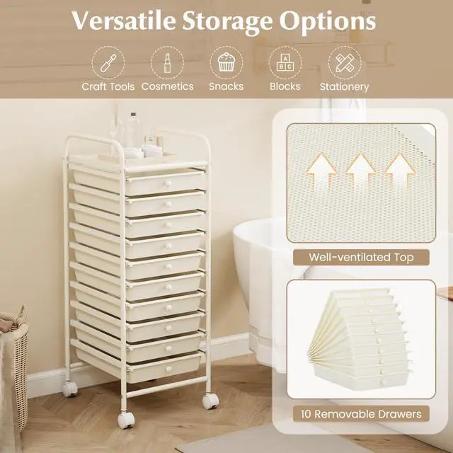 Alt view image 4 of 7 - 10 Drawer Rolling Cart - Slim Storage Cart w/Lockable Wheels | 34"H White Metal Frame, Lockable Rolling Wheels; Classroom School Office Art Craft Scrapbook Supply Storage
