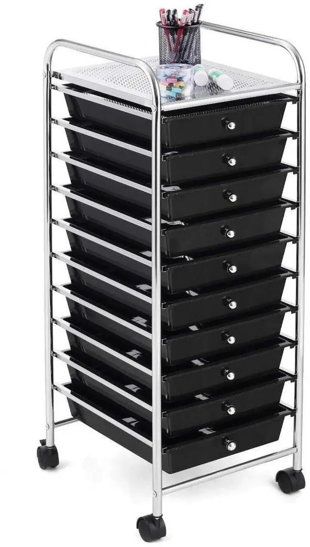 Main image of 10 Drawer Slim Rolling Storage Utility Cart Black | 34"H Height, Lockable Rolling Casters, Metal Frame, For Classroom Teacher Office Art Craft Scrapbook Paper Supply Storage