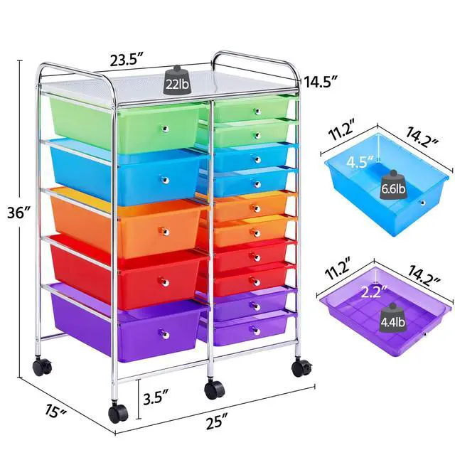 Alt view image 3 of 7 - 15-Drawer Rolling Storage Cart on Wheels, Craft Organizer, Multicolor