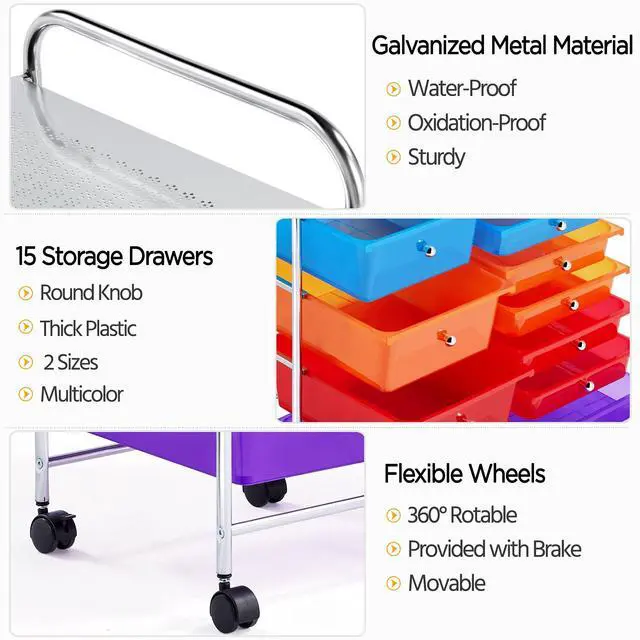 Alt view image 5 of 7 - 15-Drawer Rolling Storage Cart on Wheels, Craft Organizer, Multicolor