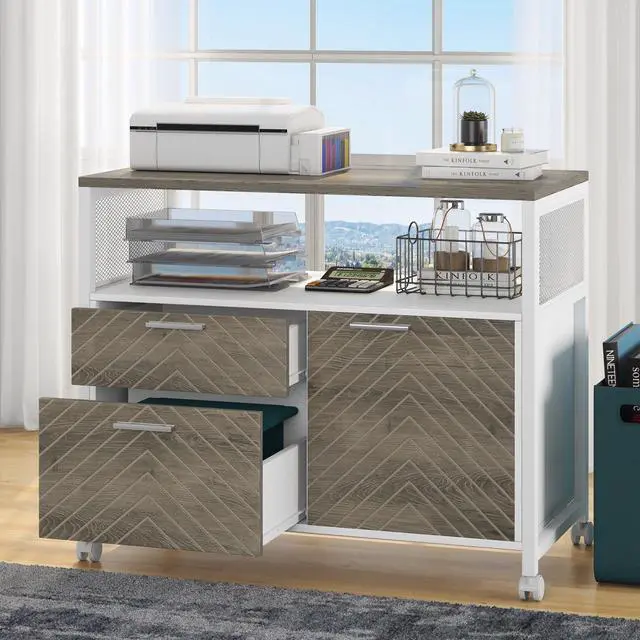Main image of Modern File Cabinet with Drawers for Letter-Sized File and Door, Lockable lateral Filing Cabinet Printer Stand with Storage Shelves and with Rolling Caster for Home Office (Oak)