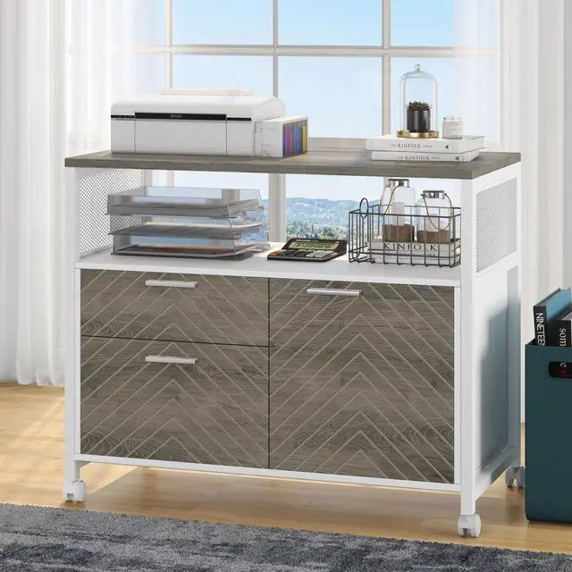 Alt view image 3 of 7 - Modern File Cabinet with Drawers for Letter-Sized File and Door, Lockable lateral Filing Cabinet Printer Stand with Storage Shelves and with Rolling Caster for Home Office (Oak)