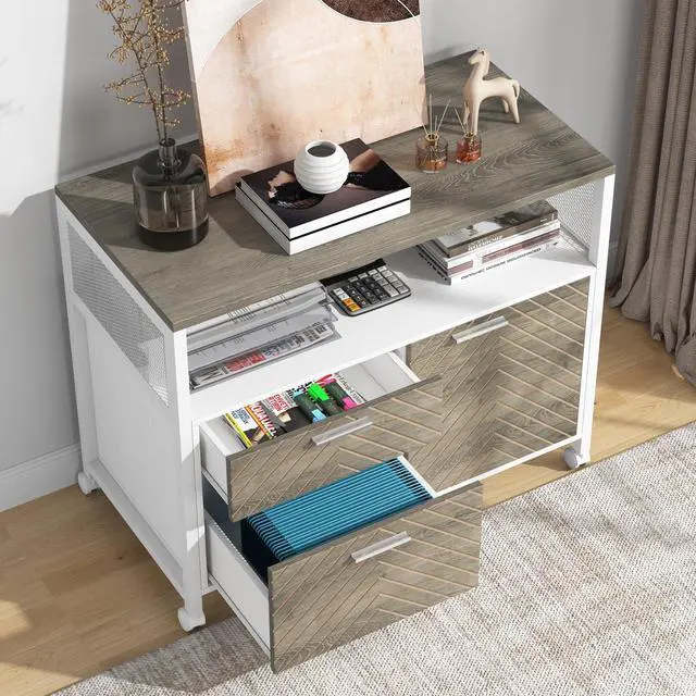 Alt view image 4 of 7 - Modern File Cabinet with Drawers for Letter-Sized File and Door, Lockable lateral Filing Cabinet Printer Stand with Storage Shelves and with Rolling Caster for Home Office (Oak)