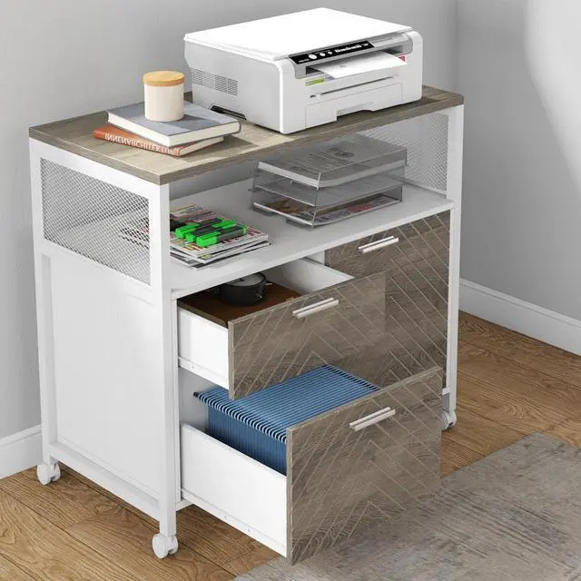 Alt view image 5 of 7 - Modern File Cabinet with Drawers for Letter-Sized File and Door, Lockable lateral Filing Cabinet Printer Stand with Storage Shelves and with Rolling Caster for Home Office (Oak)