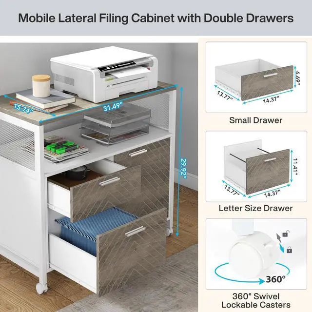 Alt view image 6 of 7 - Modern File Cabinet with Drawers for Letter-Sized File and Door, Lockable lateral Filing Cabinet Printer Stand with Storage Shelves and with Rolling Caster for Home Office (Oak)
