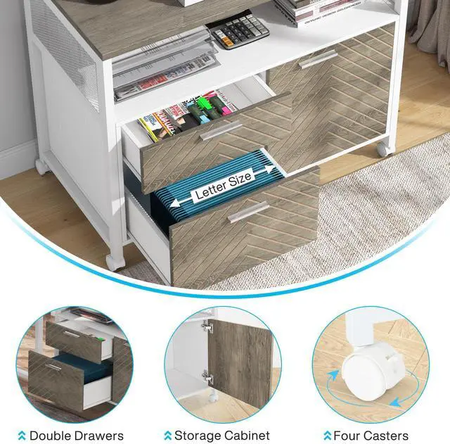 Alt view image 7 of 7 - Modern File Cabinet with Drawers for Letter-Sized File and Door, Lockable lateral Filing Cabinet Printer Stand with Storage Shelves and with Rolling Caster for Home Office (Oak)