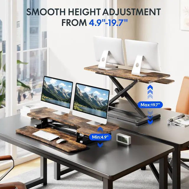 Alt view image 3 of 7 - 40" Electric Standing Desk Converter, Motorized Sit to Stand Desk Riser, Height Adjustable Desktop Dual Monitor Workstation with Large Keyboard Tray, Rustic Color