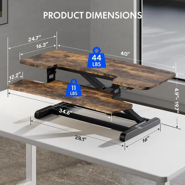 Alt view image 2 of 7 - 40" Electric Standing Desk Converter, Motorized Sit to Stand Desk Riser, Height Adjustable Desktop Dual Monitor Workstation with Large Keyboard Tray, Rustic Color