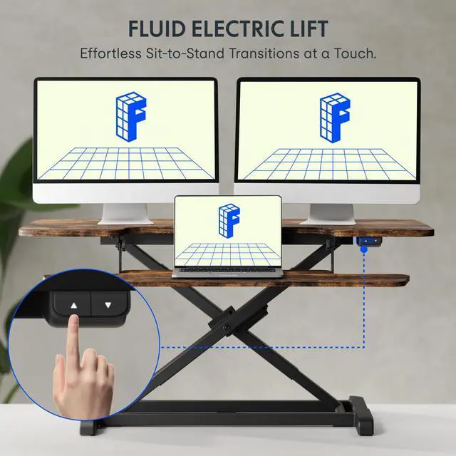 Alt view image 4 of 7 - 40" Electric Standing Desk Converter, Motorized Sit to Stand Desk Riser, Height Adjustable Desktop Dual Monitor Workstation with Large Keyboard Tray, Rustic Color