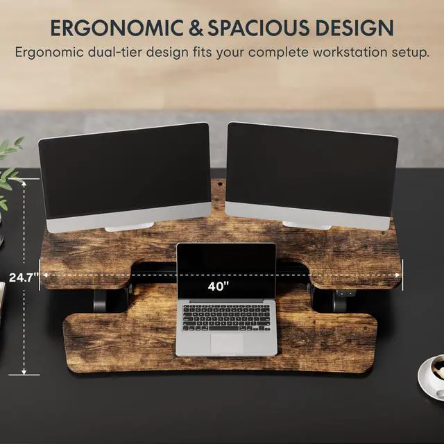 Alt view image 5 of 7 - 40" Electric Standing Desk Converter, Motorized Sit to Stand Desk Riser, Height Adjustable Desktop Dual Monitor Workstation with Large Keyboard Tray, Rustic Color