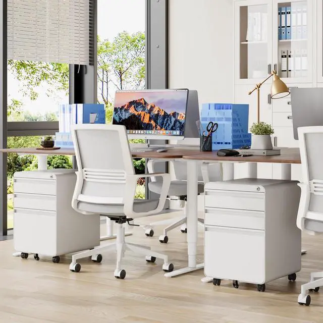 Alt view image 2 of 7 - 3 Drawer Metal Rolling File Cabinet Under Desk Filing Cabinet White | 16"W x 18"D x 24"H, Lockable, 5 Wheels, Fully Assembled, Letter/Legal Size, Suitable for Home Office