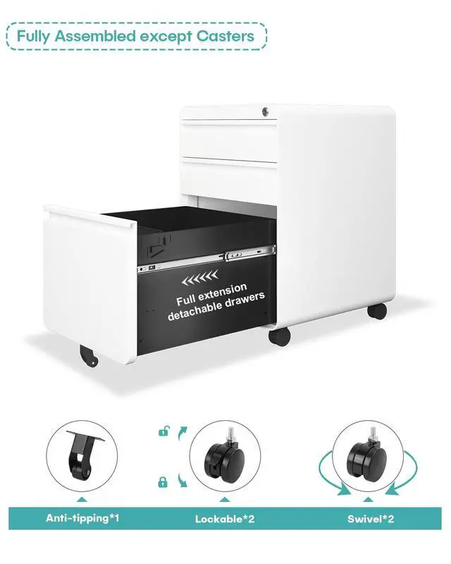 Alt view image 5 of 7 - 3 Drawer Metal Rolling File Cabinet Under Desk Filing Cabinet White | 16"W x 18"D x 24"H, Lockable, 5 Wheels, Fully Assembled, Letter/Legal Size, Suitable for Home Office