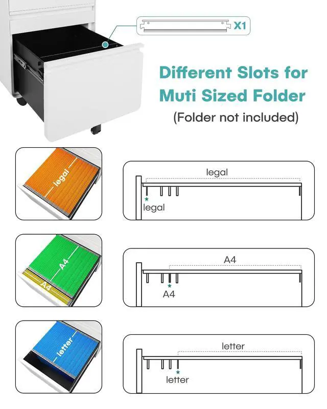 Alt view image 6 of 7 - 3 Drawer Metal Rolling File Cabinet Under Desk Filing Cabinet White | 16"W x 18"D x 24"H, Lockable, 5 Wheels, Fully Assembled, Letter/Legal Size, Suitable for Home Office