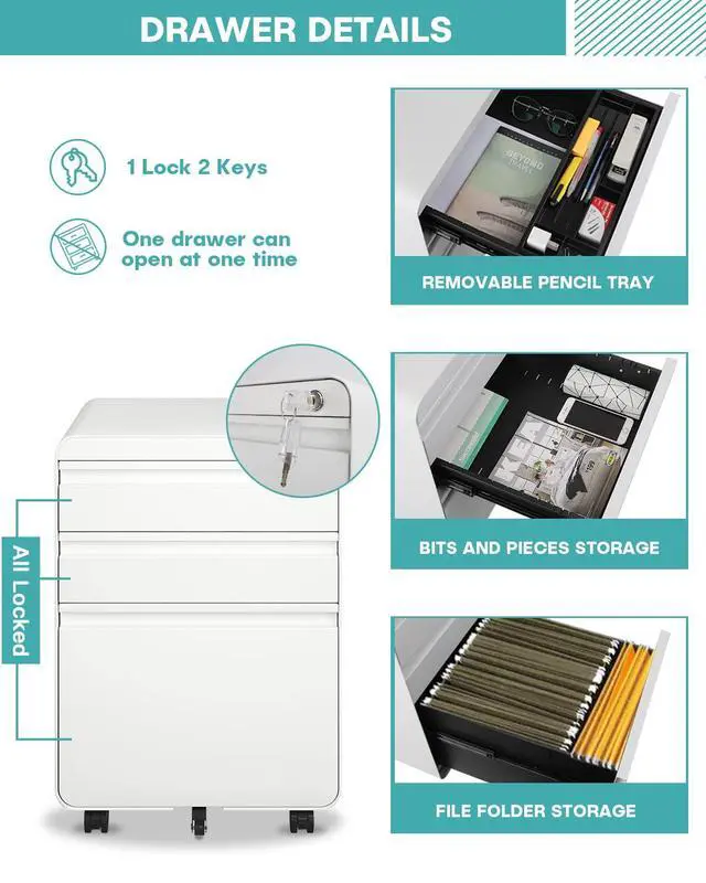 Alt view image 4 of 7 - 3 Drawer Metal Rolling File Cabinet Under Desk Filing Cabinet White | 16"W x 18"D x 24"H, Lockable, 5 Wheels, Fully Assembled, Letter/Legal Size, Suitable for Home Office