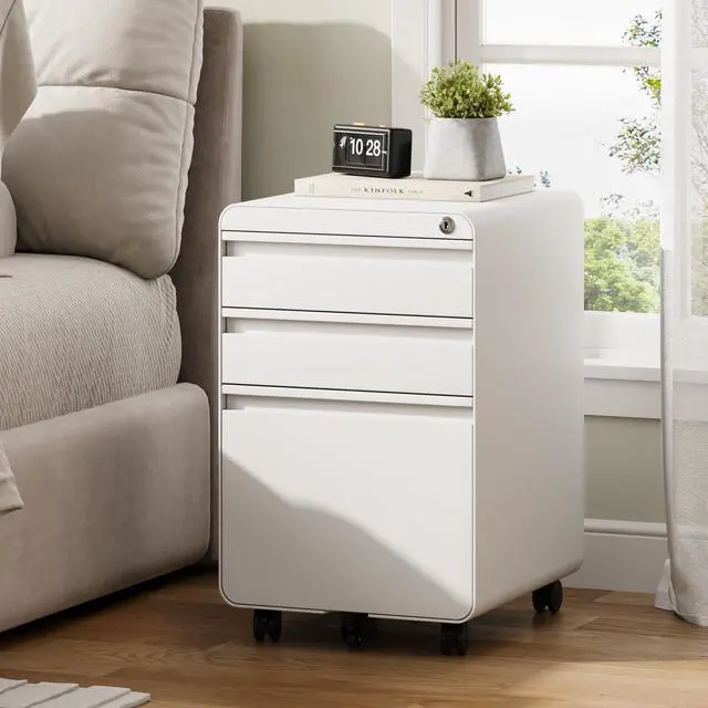 Alt view image 7 of 7 - 3 Drawer Metal Rolling File Cabinet Under Desk Filing Cabinet White | 16"W x 18"D x 24"H, Lockable, 5 Wheels, Fully Assembled, Letter/Legal Size, Suitable for Home Office