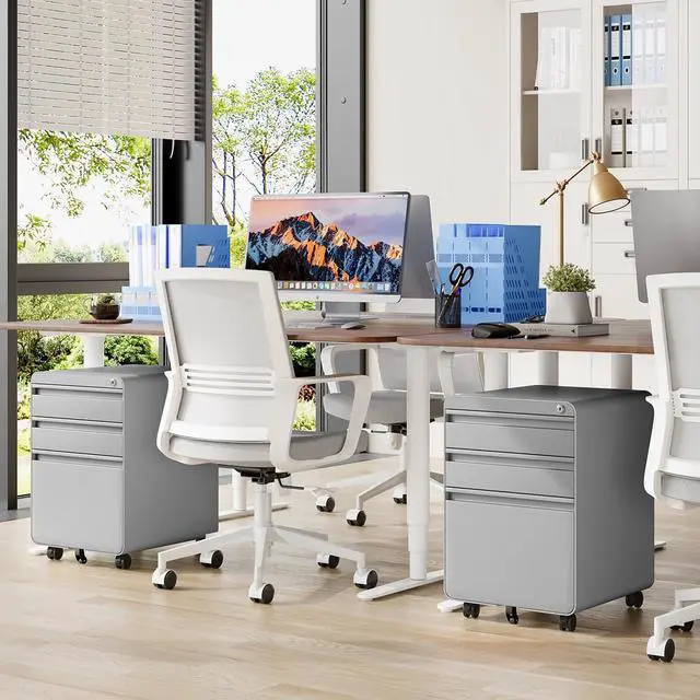 Alt view image 2 of 7 - 3 Drawer Metal Rolling File Cabinet Under Desk Filing Cabinet Grey | 16"W x 18"D x 24"H, Lockable, 5 Wheels, Fully Assembled, Letter/Legal Size, Suitable for Home Office