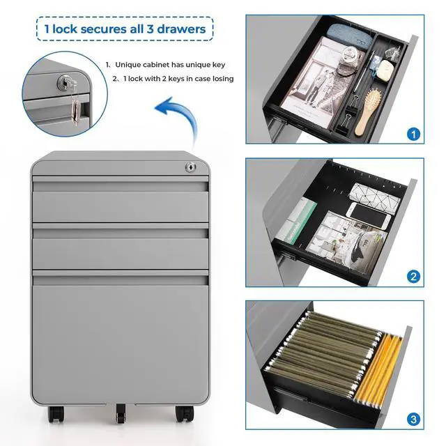 Alt view image 4 of 7 - 3 Drawer Metal Rolling File Cabinet Under Desk Filing Cabinet Grey | 16"W x 18"D x 24"H, Lockable, 5 Wheels, Fully Assembled, Letter/Legal Size, Suitable for Home Office