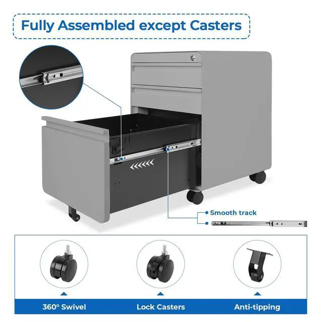 Alt view image 5 of 7 - 3 Drawer Metal Rolling File Cabinet Under Desk Filing Cabinet Grey | 16"W x 18"D x 24"H, Lockable, 5 Wheels, Fully Assembled, Letter/Legal Size, Suitable for Home Office