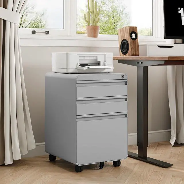 Alt view image 6 of 7 - 3 Drawer Metal Rolling File Cabinet Under Desk Filing Cabinet Grey | 16"W x 18"D x 24"H, Lockable, 5 Wheels, Fully Assembled, Letter/Legal Size, Suitable for Home Office