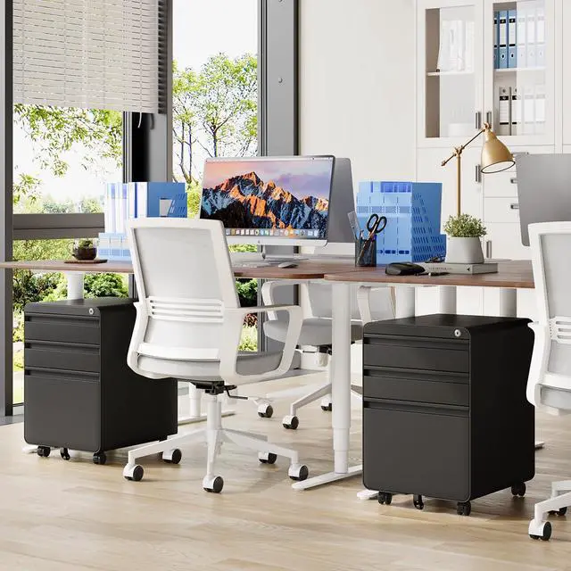 Alt view image 2 of 7 - 3 Drawer Metal Rolling File Cabinet Under Desk Filing Cabinet Black | 16"W x 18"D x 24"H, Lockable, 5 Wheels, Fully Assembled, Letter/Legal Size, Suitable for Home Office