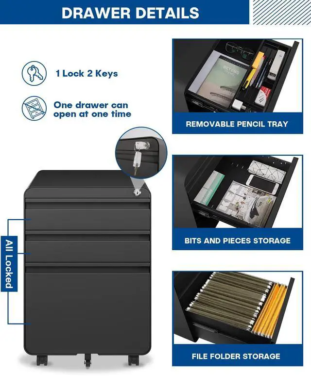 Alt view image 4 of 7 - 3 Drawer Metal Rolling File Cabinet Under Desk Filing Cabinet Black | 16"W x 18"D x 24"H, Lockable, 5 Wheels, Fully Assembled, Letter/Legal Size, Suitable for Home Office