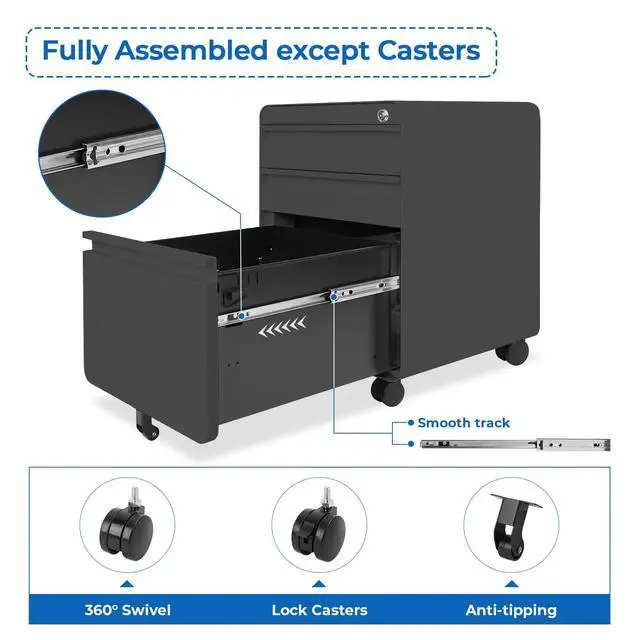 Alt view image 5 of 7 - 3 Drawer Metal Rolling File Cabinet Under Desk Filing Cabinet Black | 16"W x 18"D x 24"H, Lockable, 5 Wheels, Fully Assembled, Letter/Legal Size, Suitable for Home Office