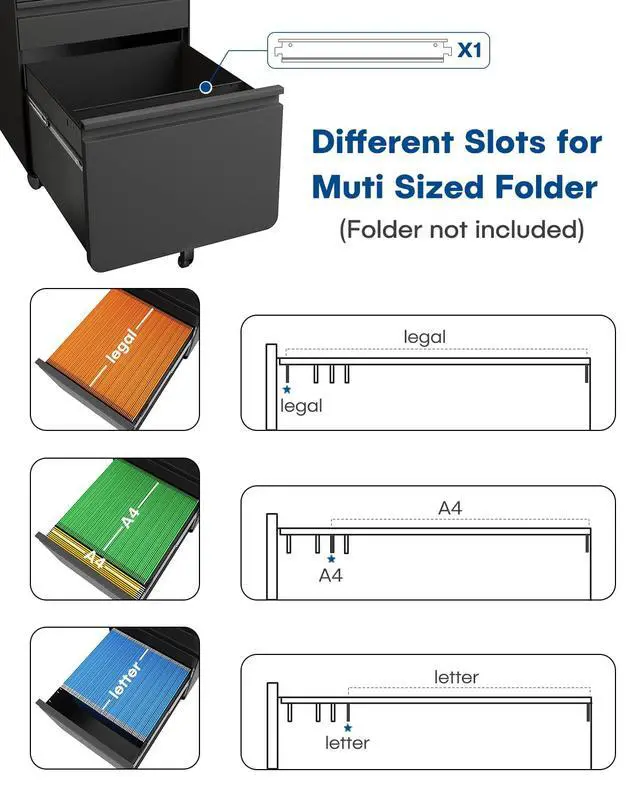 Alt view image 7 of 7 - 3 Drawer Metal Rolling File Cabinet Under Desk Filing Cabinet Black | 16"W x 18"D x 24"H, Lockable, 5 Wheels, Fully Assembled, Letter/Legal Size, Suitable for Home Office