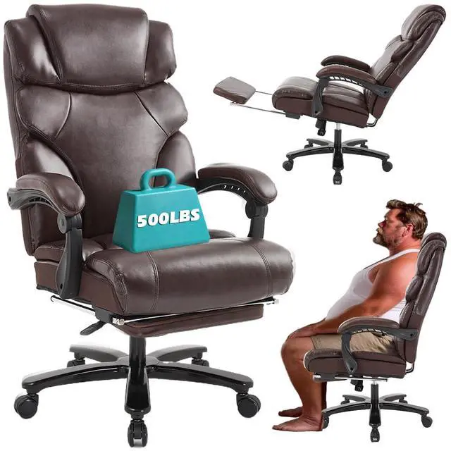 Main image of 500lbs Big Tall Recliner Office Gaming Desk Chair with Foot Leg Rest Brown | Reclining Office Desk Chair, Wide Seat, Heavy Duty Metal Legs, Height Adjustable, Faux Leather Managerial Chair