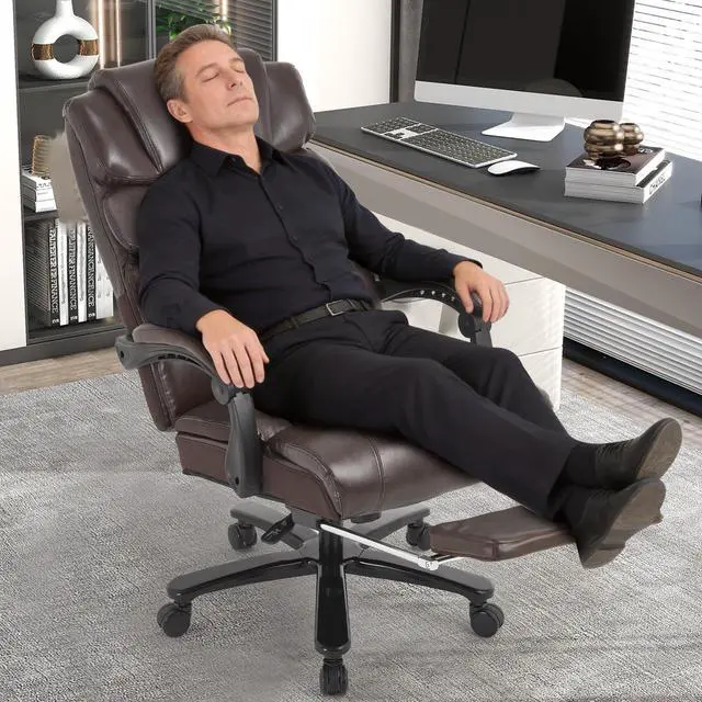 Alt view image 2 of 7 - 500lbs Big Tall Recliner Office Gaming Desk Chair with Foot Leg Rest Brown | Reclining Office Desk Chair, Wide Seat, Heavy Duty Metal Legs, Height Adjustable, Faux Leather Managerial Chair