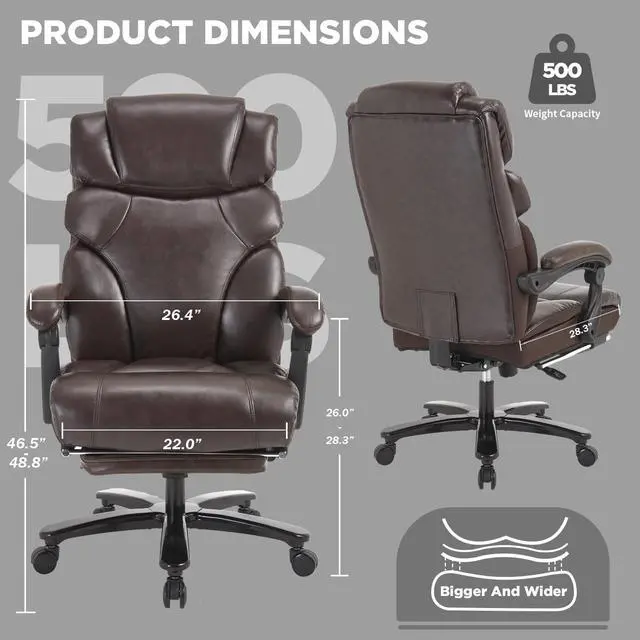 Alt view image 3 of 7 - 500lbs Big Tall Recliner Office Gaming Desk Chair with Foot Leg Rest Brown | Reclining Office Desk Chair, Wide Seat, Heavy Duty Metal Legs, Height Adjustable, Faux Leather Managerial Chair