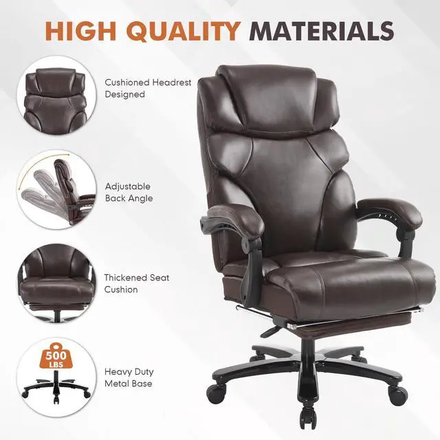 Alt view image 4 of 7 - 500lbs Big Tall Recliner Office Gaming Desk Chair with Foot Leg Rest Brown | Reclining Office Desk Chair, Wide Seat, Heavy Duty Metal Legs, Height Adjustable, Faux Leather Managerial Chair