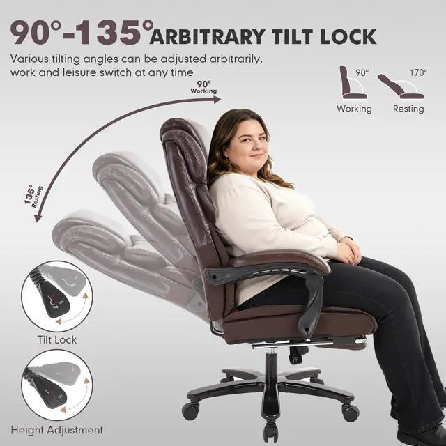 Alt view image 5 of 7 - 500lbs Big Tall Recliner Office Gaming Desk Chair with Foot Leg Rest Brown | Reclining Office Desk Chair, Wide Seat, Heavy Duty Metal Legs, Height Adjustable, Faux Leather Managerial Chair