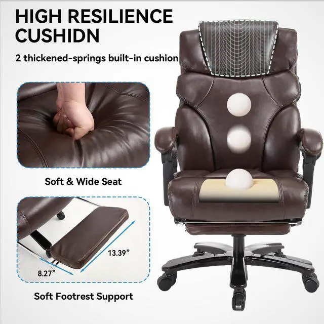 Alt view image 6 of 7 - 500lbs Big Tall Recliner Office Gaming Desk Chair with Foot Leg Rest Brown | Reclining Office Desk Chair, Wide Seat, Heavy Duty Metal Legs, Height Adjustable, Faux Leather Managerial Chair