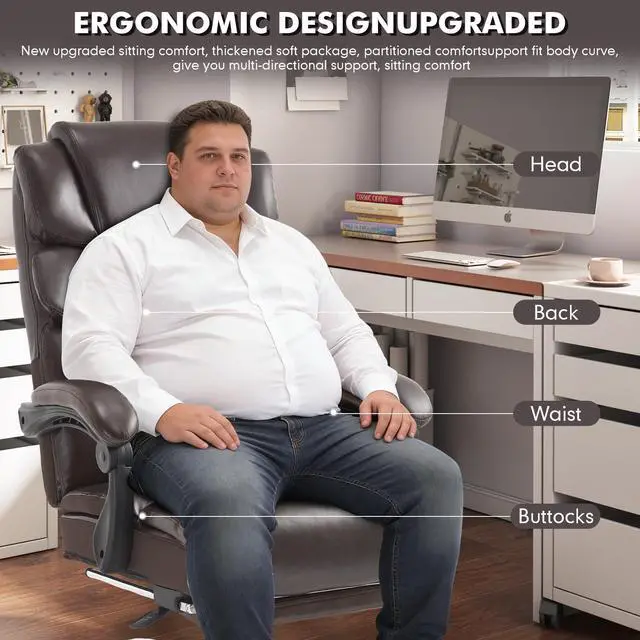 Alt view image 7 of 7 - 500lbs Big Tall Recliner Office Gaming Desk Chair with Foot Leg Rest Brown | Reclining Office Desk Chair, Wide Seat, Heavy Duty Metal Legs, Height Adjustable, Faux Leather Managerial Chair