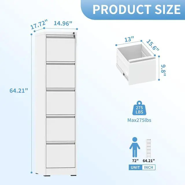 Alt view image 3 of 6 - 5 Drawer File Cabinet with Lock, Metal Filing Cabinets for Home Office, 18" Deep Heavy Duty Vertical Storage File Cabinets for Hanging A4/Letter/Legal Size Files, Assembly Require