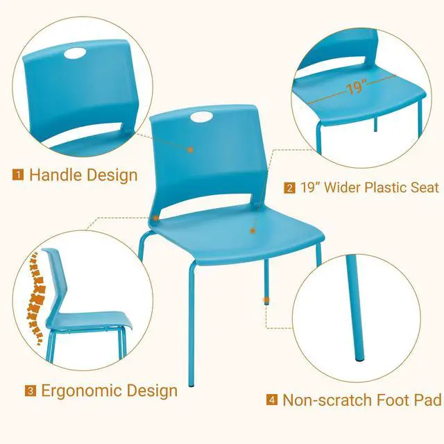 Alt view image 4 of 7 - Waiting Room Chairs, Stackable Office Chairs with Comfortable Streamline Seat, Blue Stacking Chairs No Wheels for Meeting Room, Set of 4