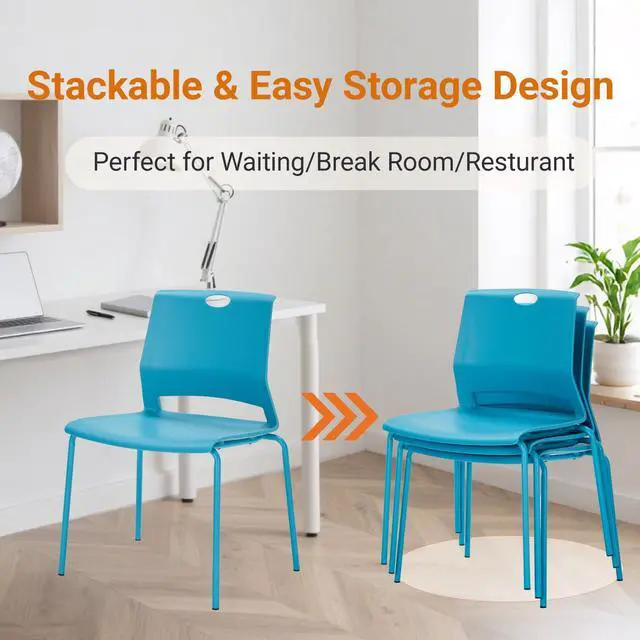 Alt view image 5 of 7 - Waiting Room Chairs, Stackable Office Chairs with Comfortable Streamline Seat, Blue Stacking Chairs No Wheels for Meeting Room, Set of 4