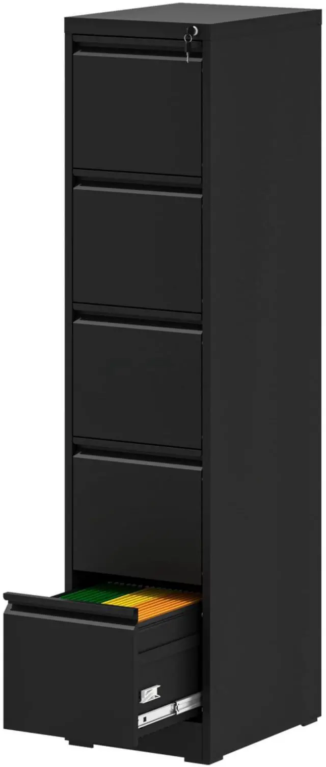 Main image of 5 Drawer File Cabinet with Lock, Metal Black Filing Cabinets for Home Office, 18" Deep Heavy Duty Vertical Storage Cabinet for Hanging A4/Letter/Legal Size Files, Assembly Require