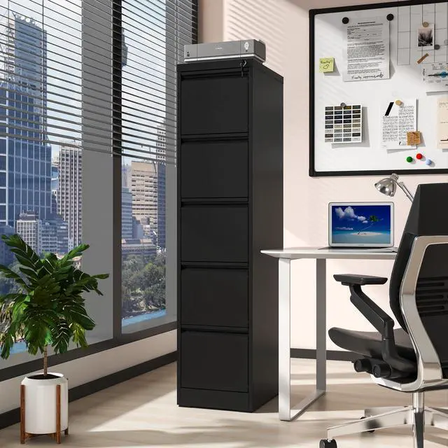 Alt view image 2 of 6 - 5 Drawer File Cabinet with Lock, Metal Black Filing Cabinets for Home Office, 18" Deep Heavy Duty Vertical Storage Cabinet for Hanging A4/Letter/Legal Size Files, Assembly Require