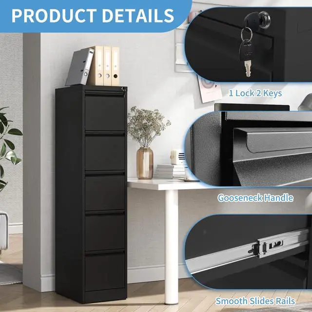 Alt view image 5 of 6 - 5 Drawer File Cabinet with Lock, Metal Black Filing Cabinets for Home Office, 18" Deep Heavy Duty Vertical Storage Cabinet for Hanging A4/Letter/Legal Size Files, Assembly Require