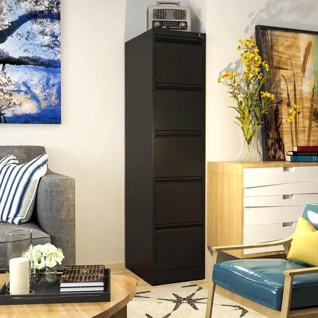 Alt view image 6 of 6 - 5 Drawer File Cabinet with Lock, Metal Black Filing Cabinets for Home Office, 18" Deep Heavy Duty Vertical Storage Cabinet for Hanging A4/Letter/Legal Size Files, Assembly Require