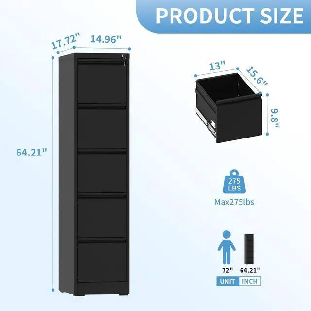 Alt view image 3 of 6 - 5 Drawer File Cabinet with Lock, Metal Black Filing Cabinets for Home Office, 18" Deep Heavy Duty Vertical Storage Cabinet for Hanging A4/Letter/Legal Size Files, Assembly Require