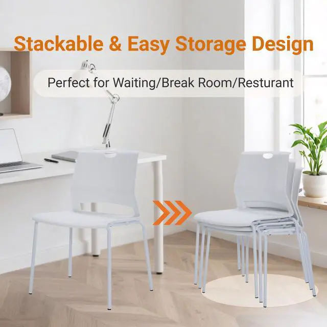 Alt view image 5 of 7 - Stackable Chairs Set of 4, Waiting Area & Breakroom Chairs in White with Back