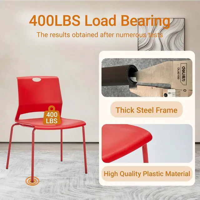 Alt view image 3 of 7 - Stackable Office Chairs, Red Guest Chairs with Comfortable Streamline Seat, Stacking Chairs No Wheels for Conference Room, Set of 4