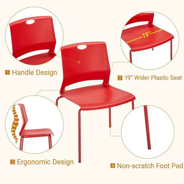 Alt view image 4 of 7 - Stackable Office Chairs, Red Guest Chairs with Comfortable Streamline Seat, Stacking Chairs No Wheels for Conference Room, Set of 4
